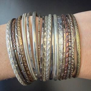 Lot of Thin Metal Multi Tone Stackable Bangle Bracelets Mixed Set of 22